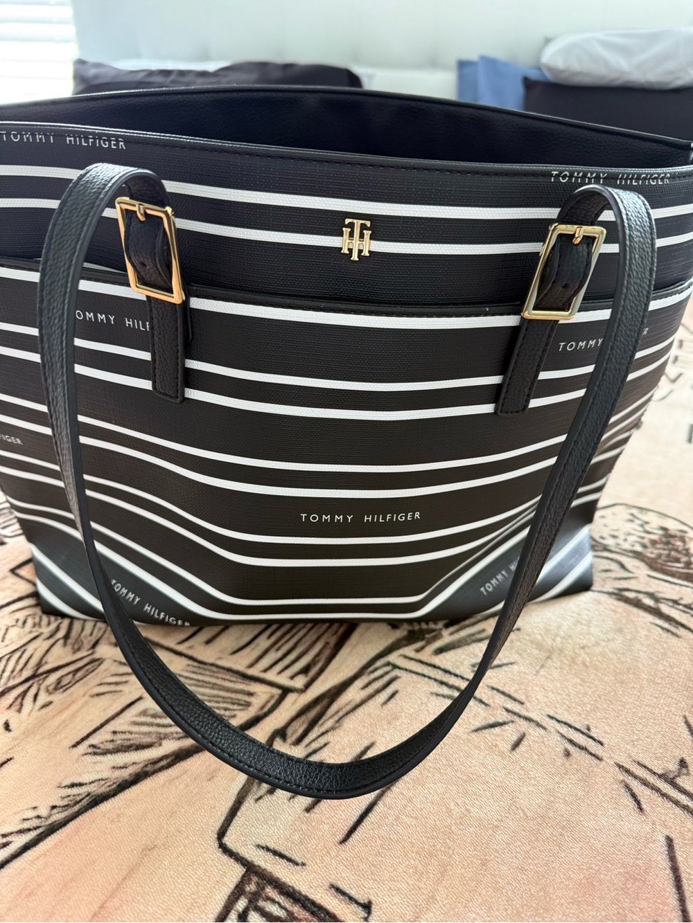 Tommy Hilfiger Black and White Striped Tote with Gold Accents - Picture 7 of 7